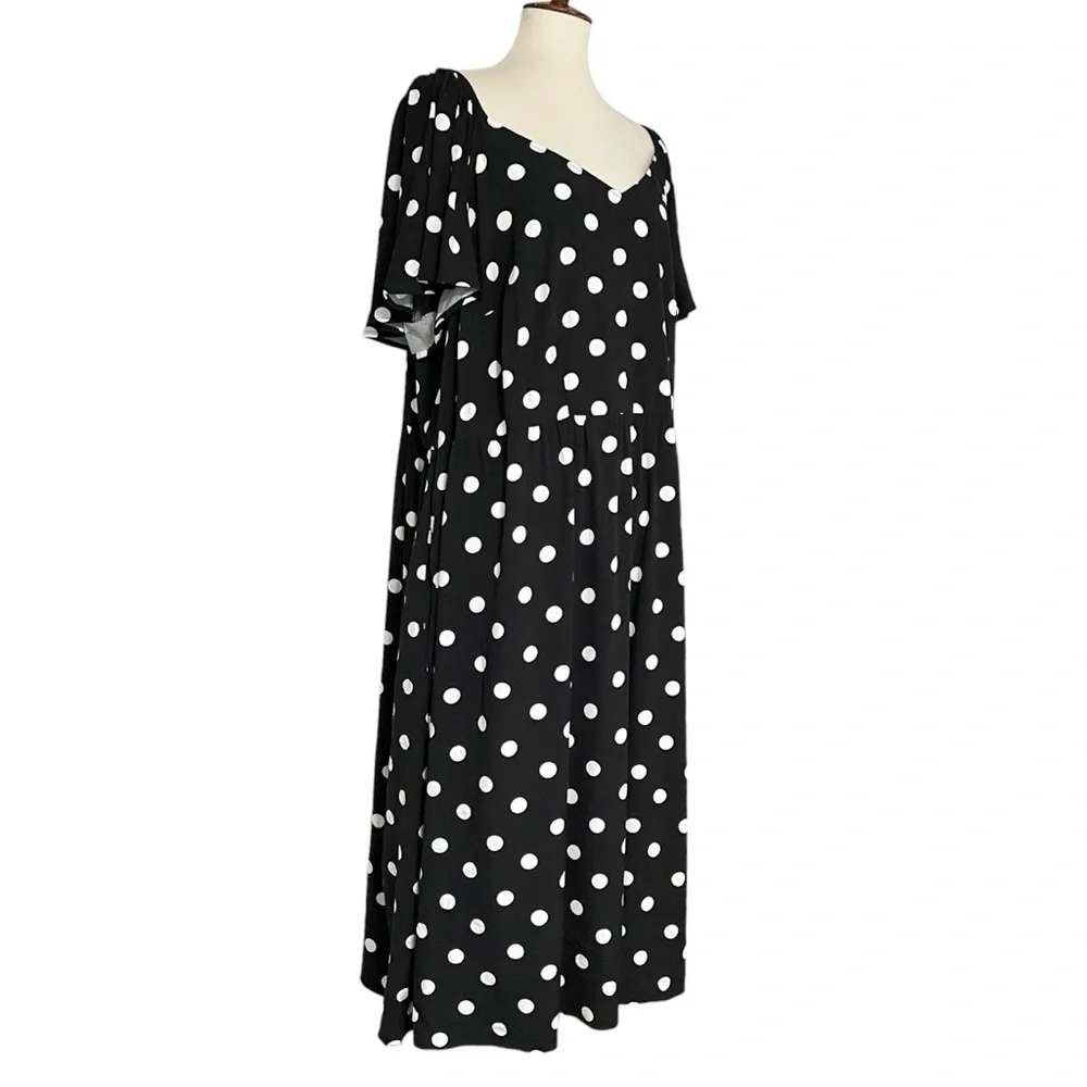 Ava &‎ Viv Women's Black & White Polka Flutter Short Sleeve Midi Dress 3x